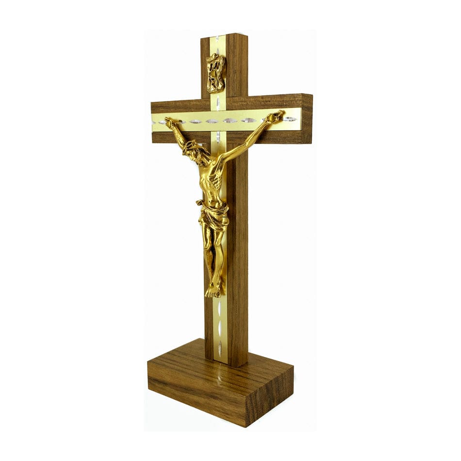 Standing Walnut Wood Crucifix with Inlays and Gold Details