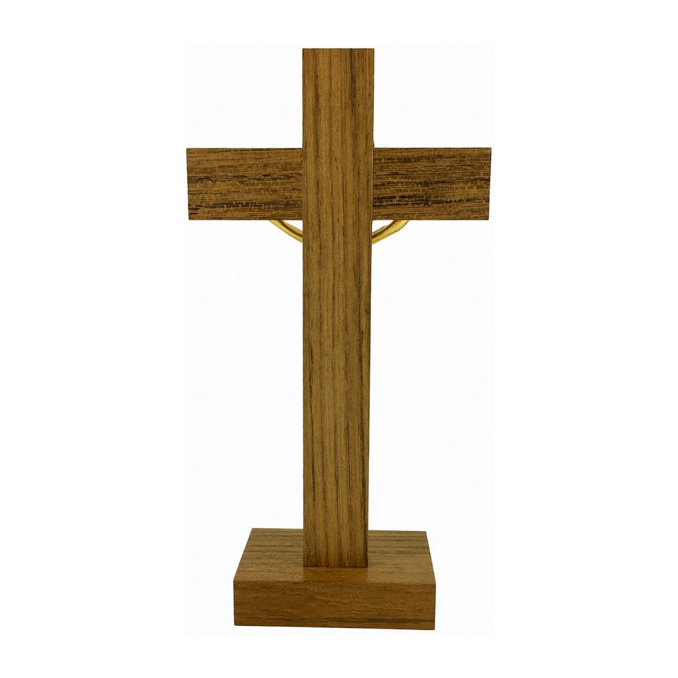 Standing Walnut Wood Crucifix with Inlays and Gold Details