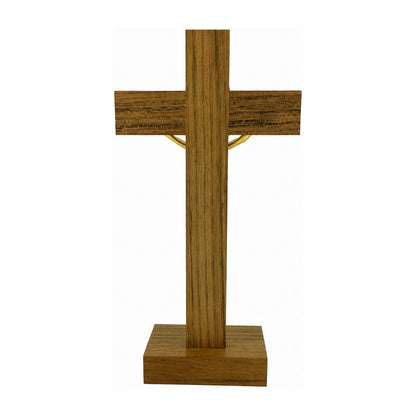 Standing Walnut Wood Crucifix with Inlays and Gold Details