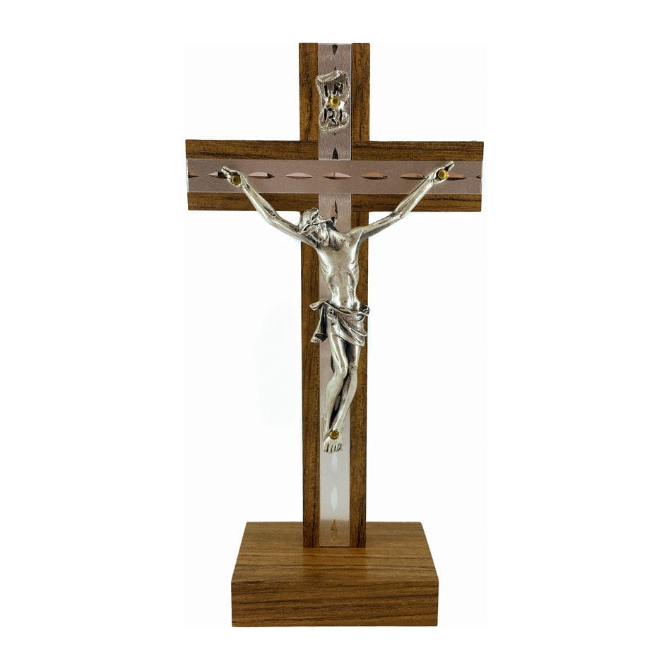 Standing Walnut Wood Crucifix with Silver Inlays and Details