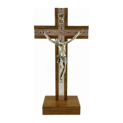 Standing Walnut Wood Crucifix with Silver Inlays and Details