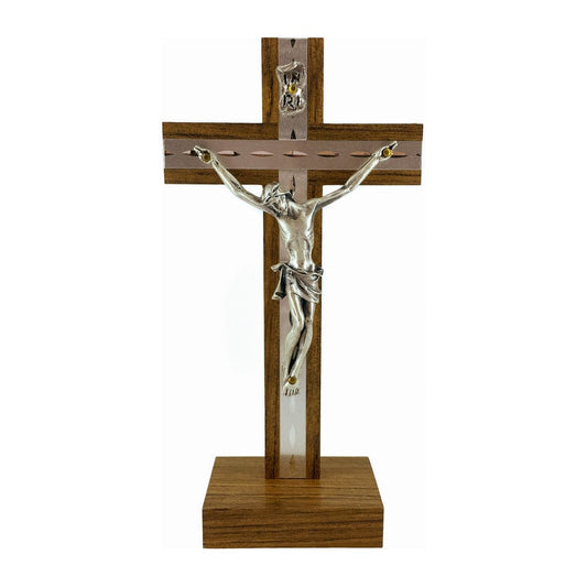 Standing Walnut Wood Crucifix with Silver Inlays and Details
