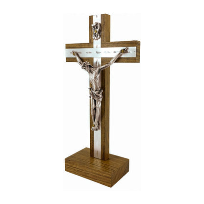 Standing Walnut Wood Crucifix with Silver Inlays and Details