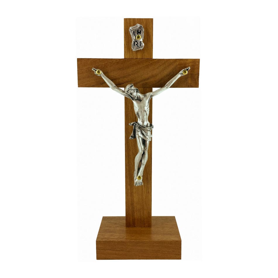 Standing Walnut Wood Crucifix with Silver Corpus