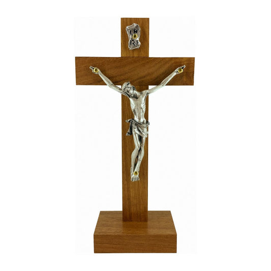 Standing Walnut Wood Crucifix with Silver Corpus
