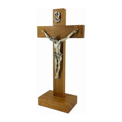 Standing Walnut Wood Crucifix with Silver Corpus