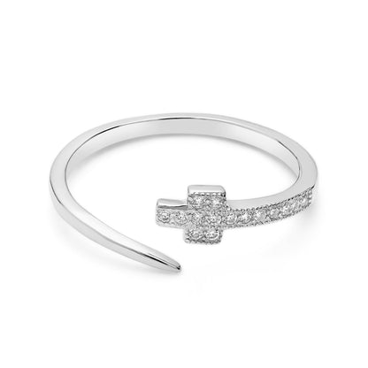 Sterling Silver Adjustable Ring With Cubic Zirconia and Cross