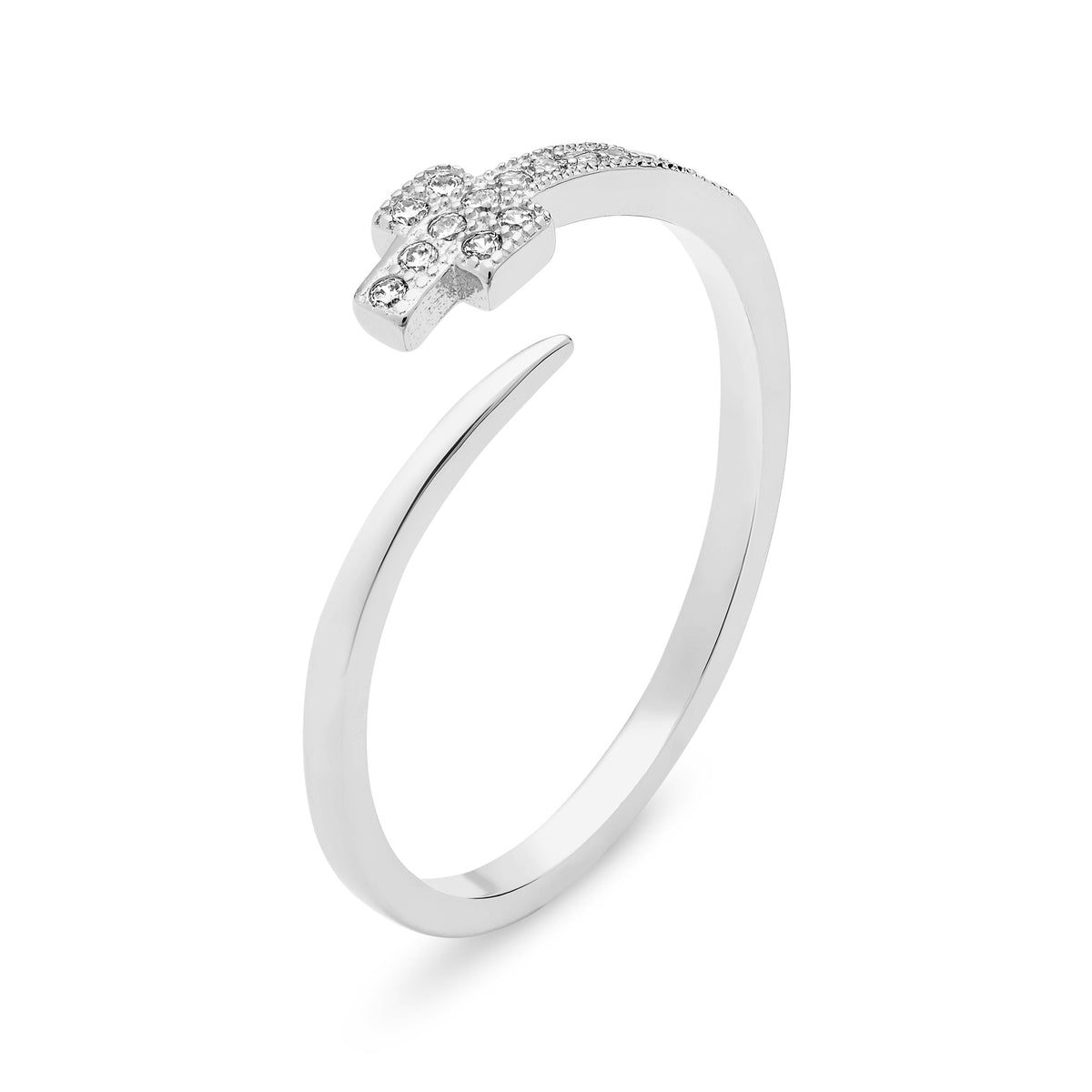 Sterling Silver Adjustable Ring With Cubic Zirconia and Cross