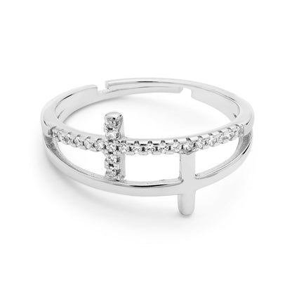 Sterling Silver Adjustable Ring With Double Cubic Zirconia Cross