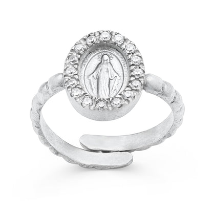 Sterling Silver Worked Adjustable Ring with Miraculous Medal