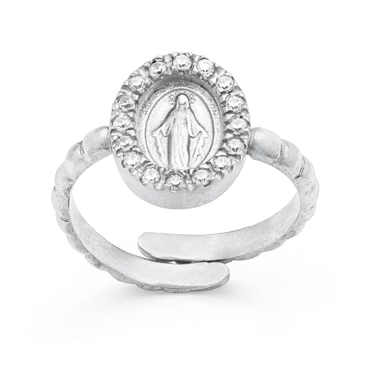 Sterling Silver Worked Adjustable Ring with Miraculous Medal