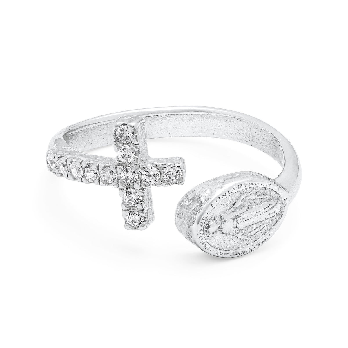 Sterling Silver Adjustable Ring with Miraculous Medal and Cubic Zirconia Cross