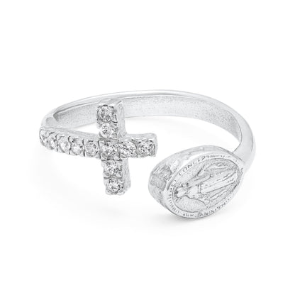 Sterling Silver Adjustable Ring with Miraculous Medal and Cubic Zirconia Cross