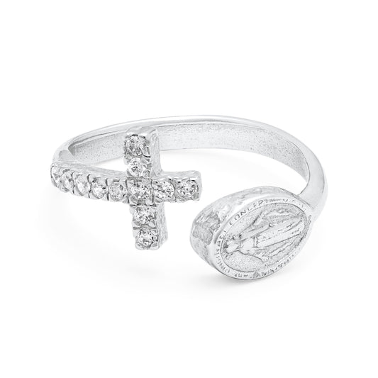 Sterling Silver Adjustable Ring with Miraculous Medal and Cubic Zirconia Cross