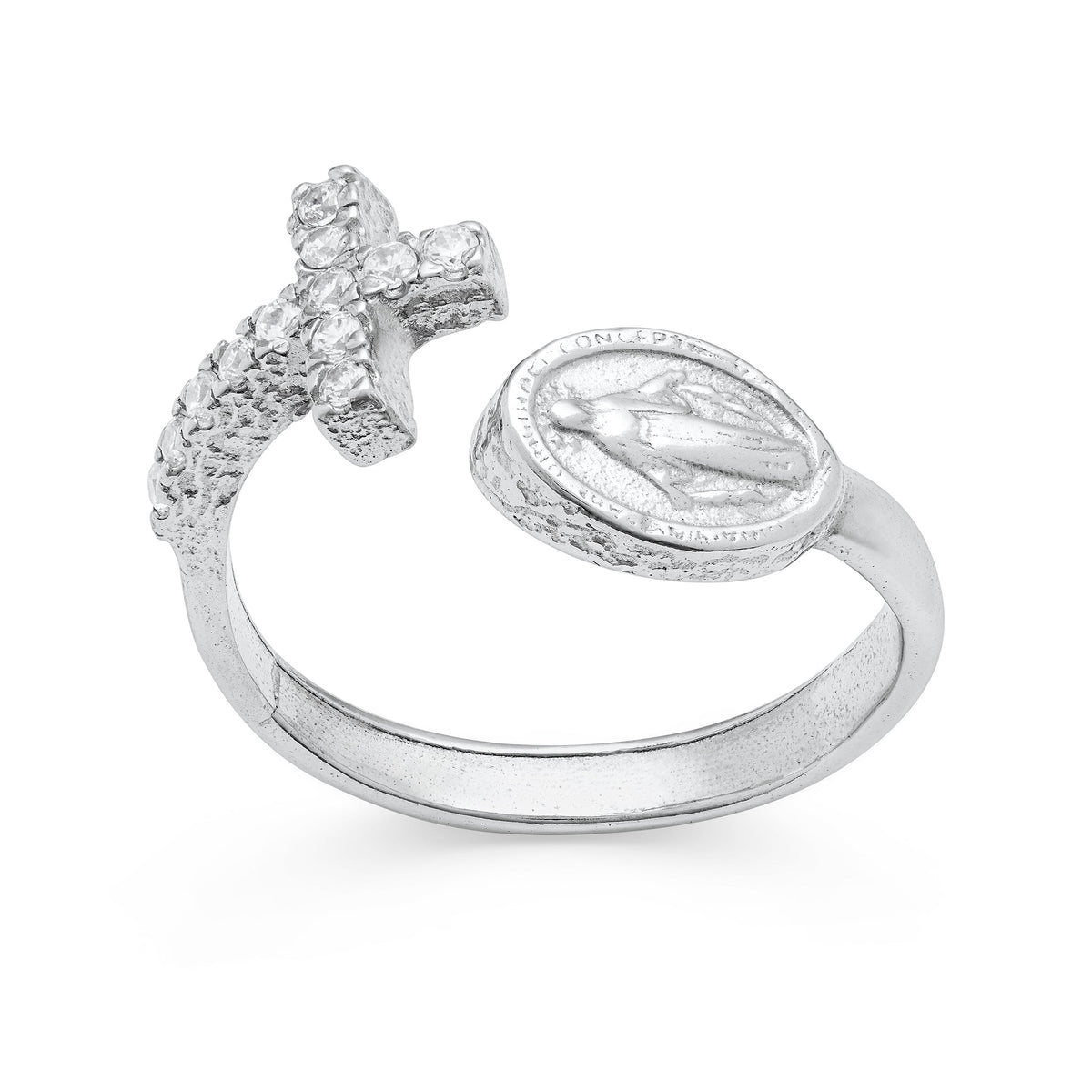 Sterling Silver Adjustable Ring with Miraculous Medal and Cubic Zirconia Cross