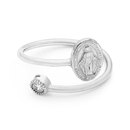 Sterling Silver Adjustable Ring With Miraculous Medal And Cubic Zirconia Spotlight