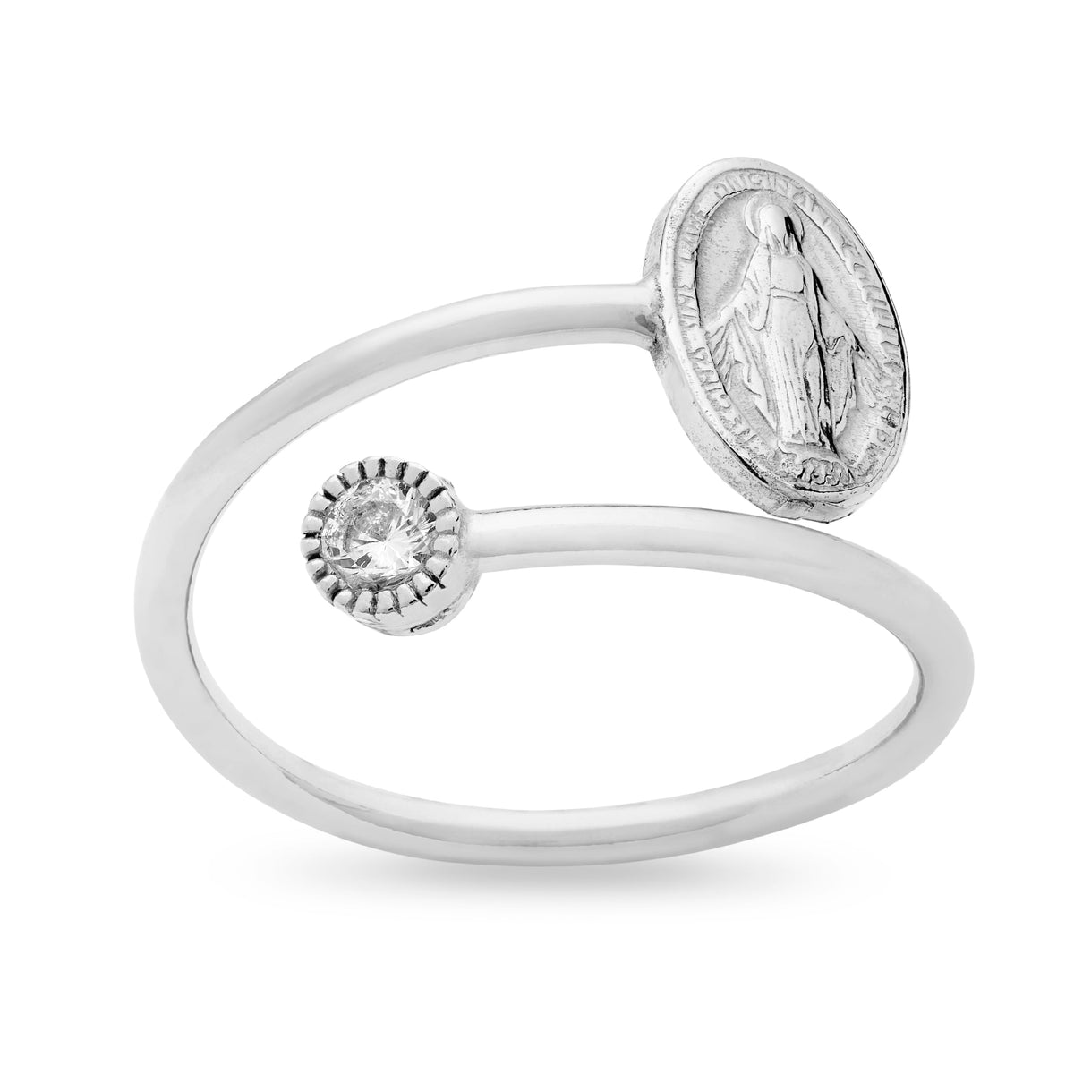 Sterling Silver Adjustable Ring With Miraculous Medal And Cubic Zirconia Spotlight