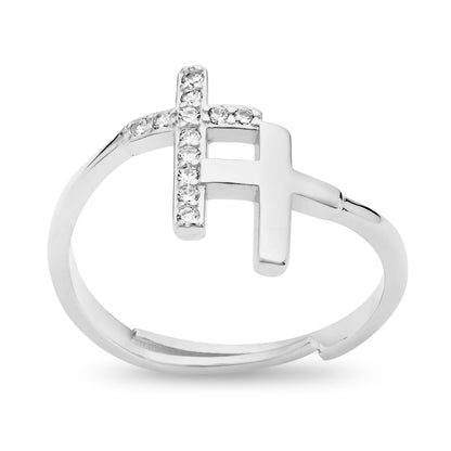 Sterling Silver Adjustable Ring With Two Cubic Zirconia Crosses