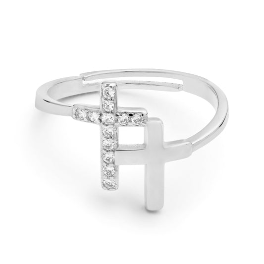 Sterling Silver Adjustable Ring With Two Cubic Zirconia Crosses