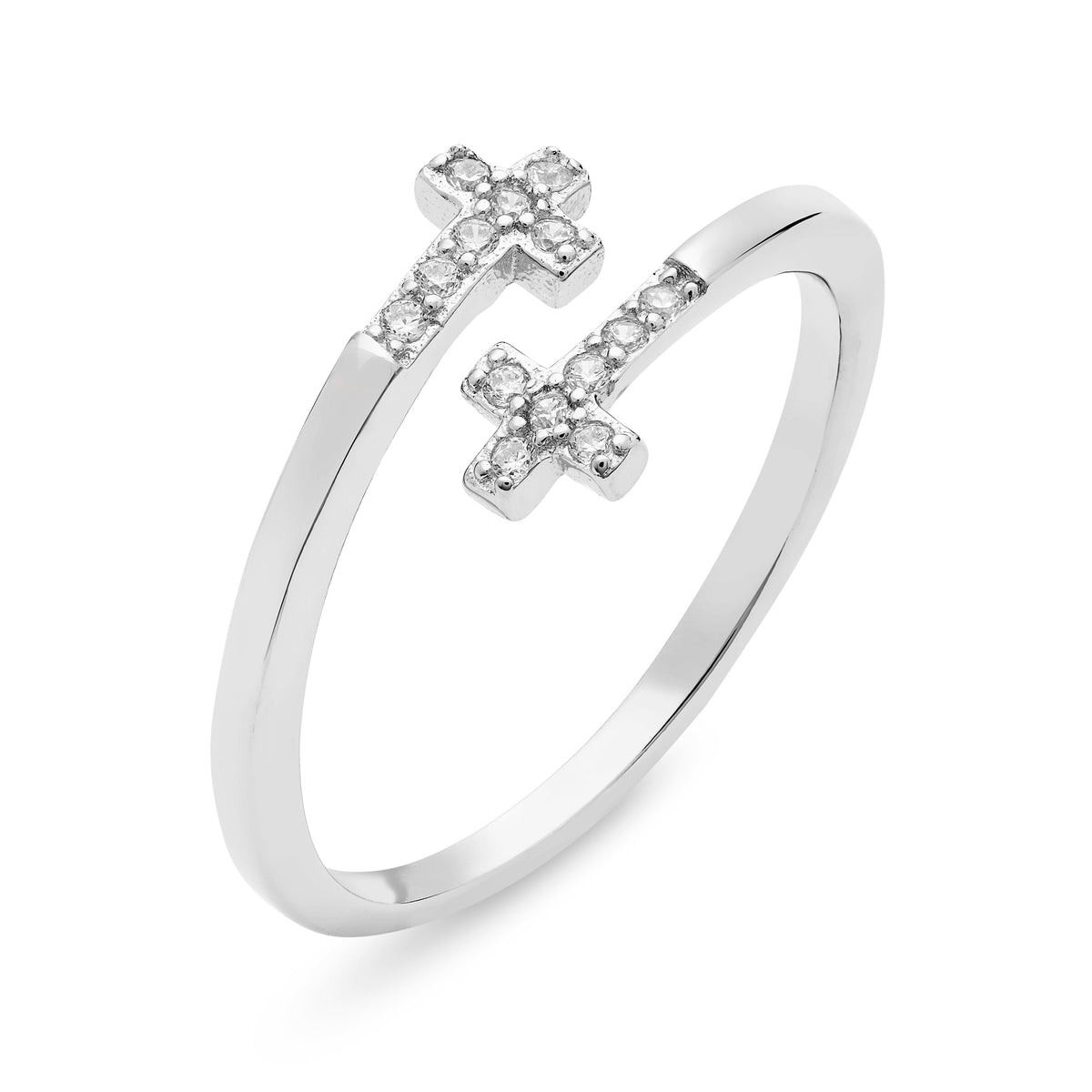 Sterling Silver Adjustable Ring With Two Cubic Zirconia and Crosses