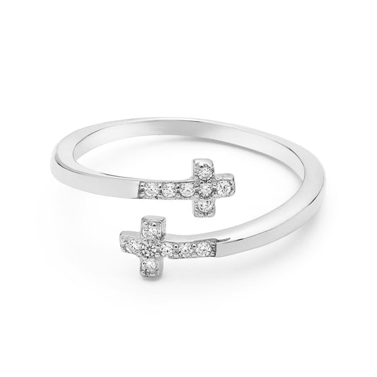Sterling Silver Adjustable Ring With Two Cubic Zirconia and Crosses