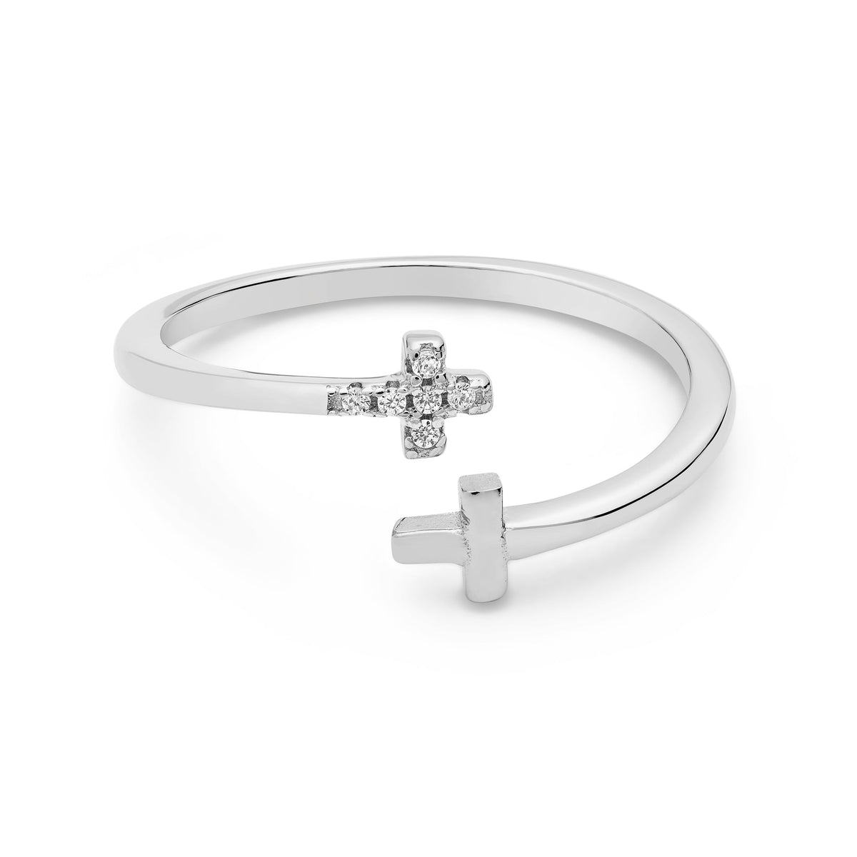 Sterling Silver Adjustable Ring With Two Small Cubic Zirconia and Crosses