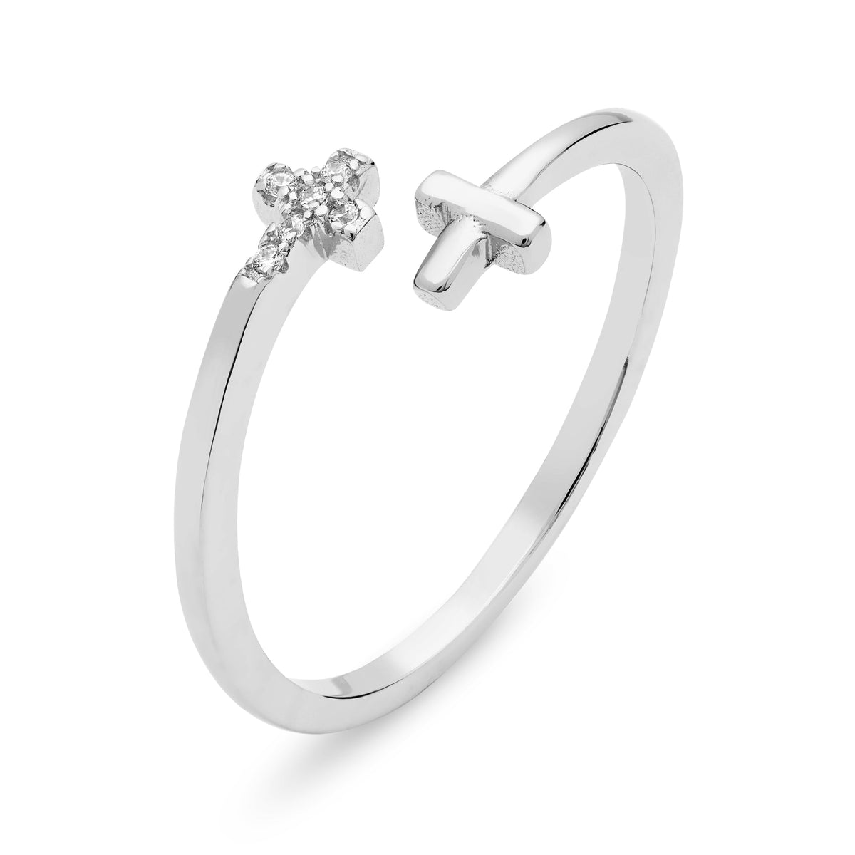 Sterling Silver Adjustable Ring With Two Small Cubic Zirconia and Crosses