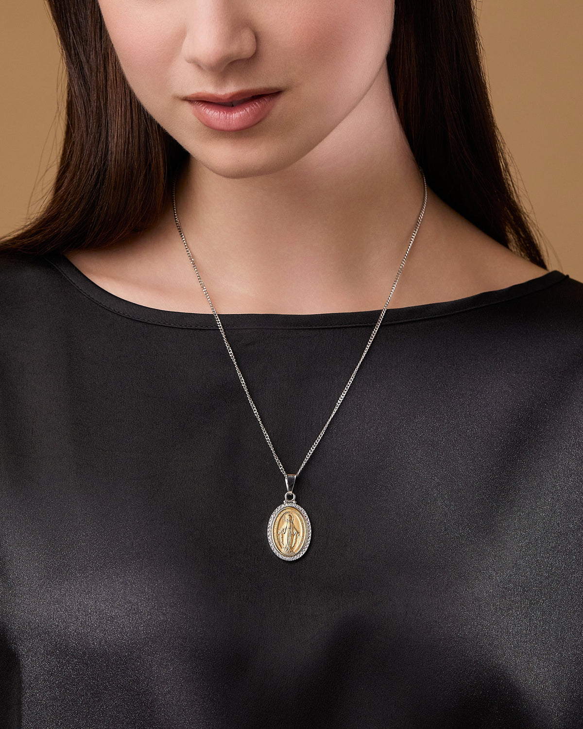 Sterling Silver and Gold-plated Sterling Silver Miraculous Medal with Cubic Zirconia