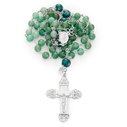 Sterling Silver Rosary with Aventurine and Hand-Painted Floral Glass Beads