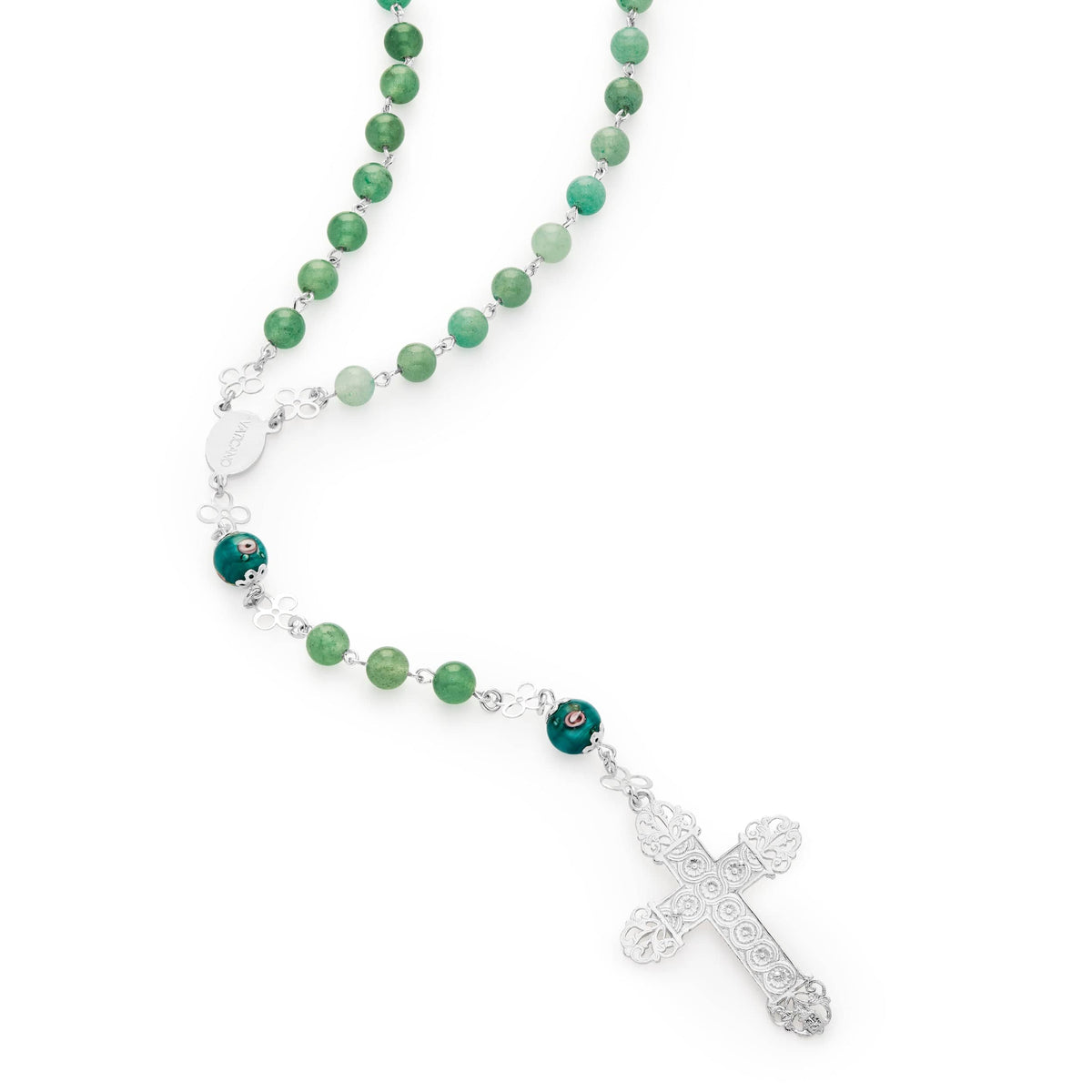 Sterling Silver Rosary with Aventurine and Hand-Painted Floral Glass Beads