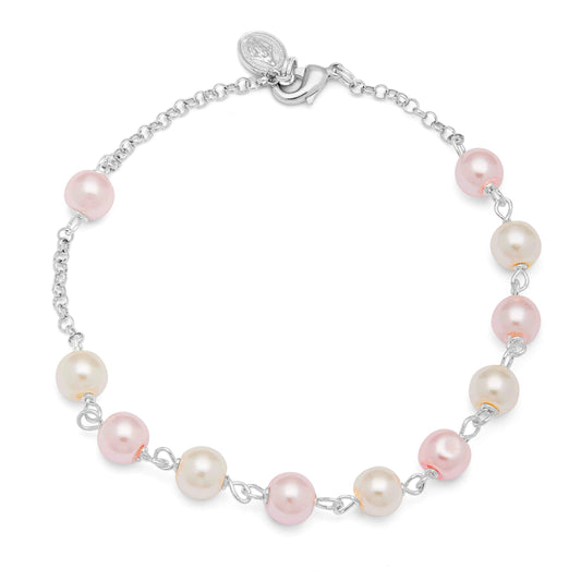 Sterling Silver Rosary Bracelet with White and Pink Synthetic Pearl Beads
