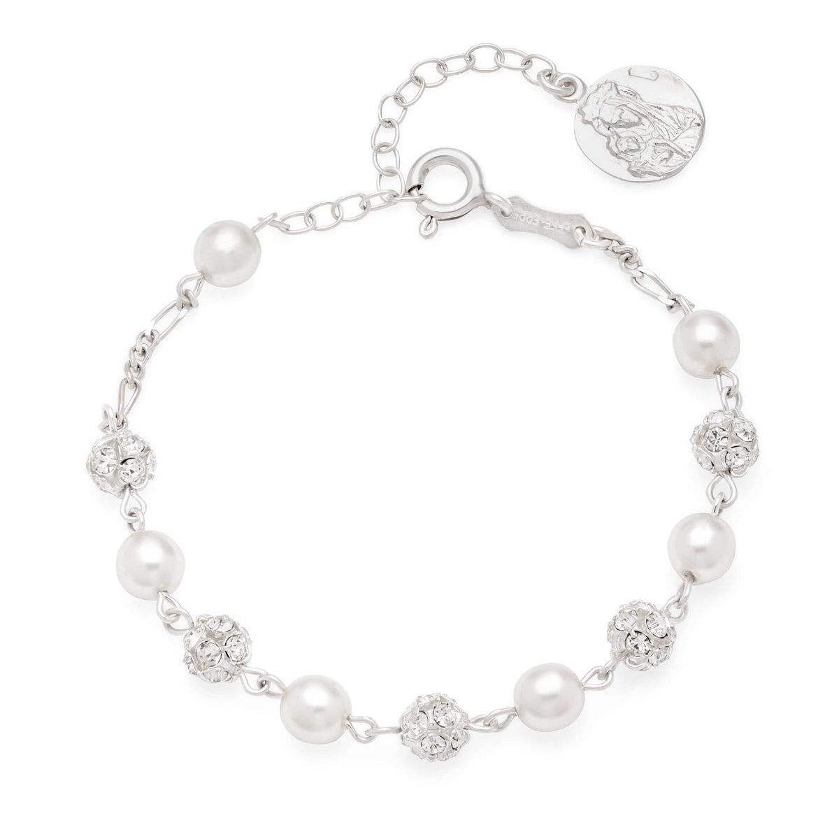 Sterling Silver Rosary Bracelet with Small Rhinestone and Synthetic Pearl Beads