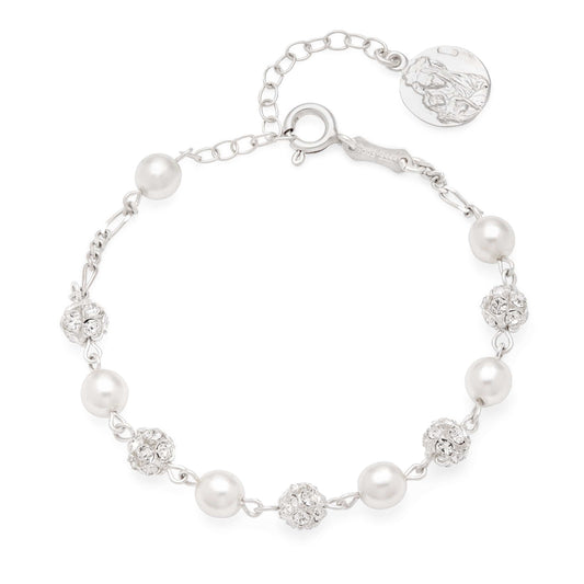 Sterling Silver Rosary Bracelet with Small Rhinestone and Synthetic Pearl Beads