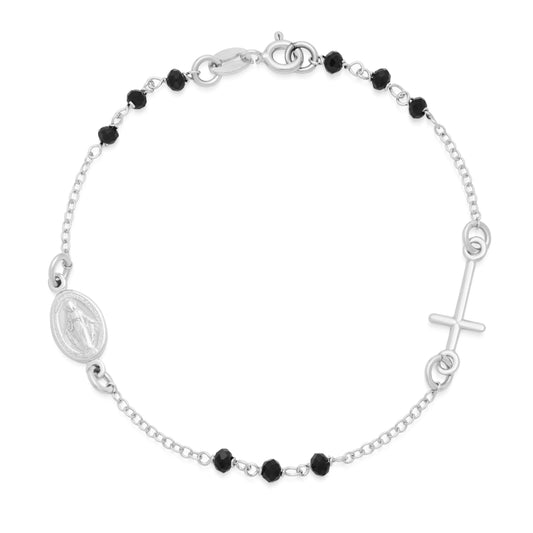 Sterling Silver Bracelet with Black Beads Featuring the Miraculous Medal and a Cross