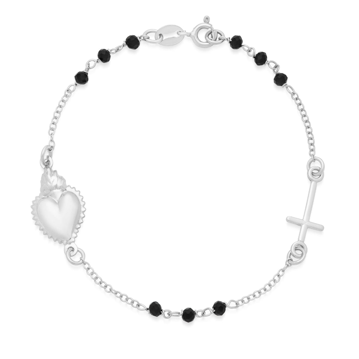 Sterling Silver Bracelet with Black Beads Featuring the Sacred Heart and a Cross