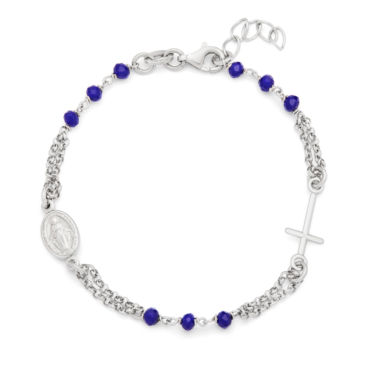 Sterling Silver Double Strand Bracelet with Blue Beads Featuring the Miraculous Medal and a Cross