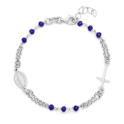 Sterling Silver Double Strand Bracelet with Blue Beads Featuring the Miraculous Medal and a Cross
