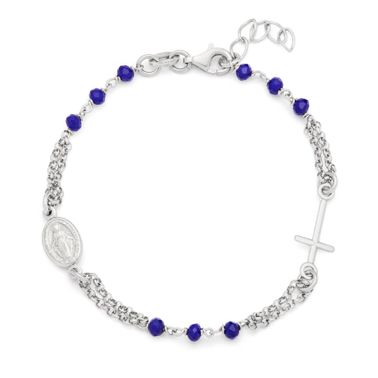 Sterling Silver Double Strand Bracelet with Blue Beads Featuring the Miraculous Medal and a Cross