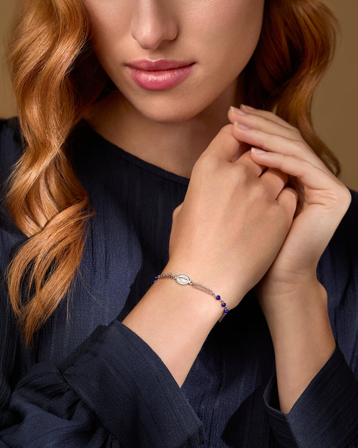 Sterling Silver Double Strand Bracelet with Blue Beads Featuring the Miraculous Medal and a Cross
