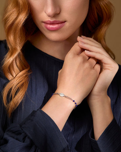 Sterling Silver Double Strand Bracelet with Blue Beads Featuring the Miraculous Medal and a Cross