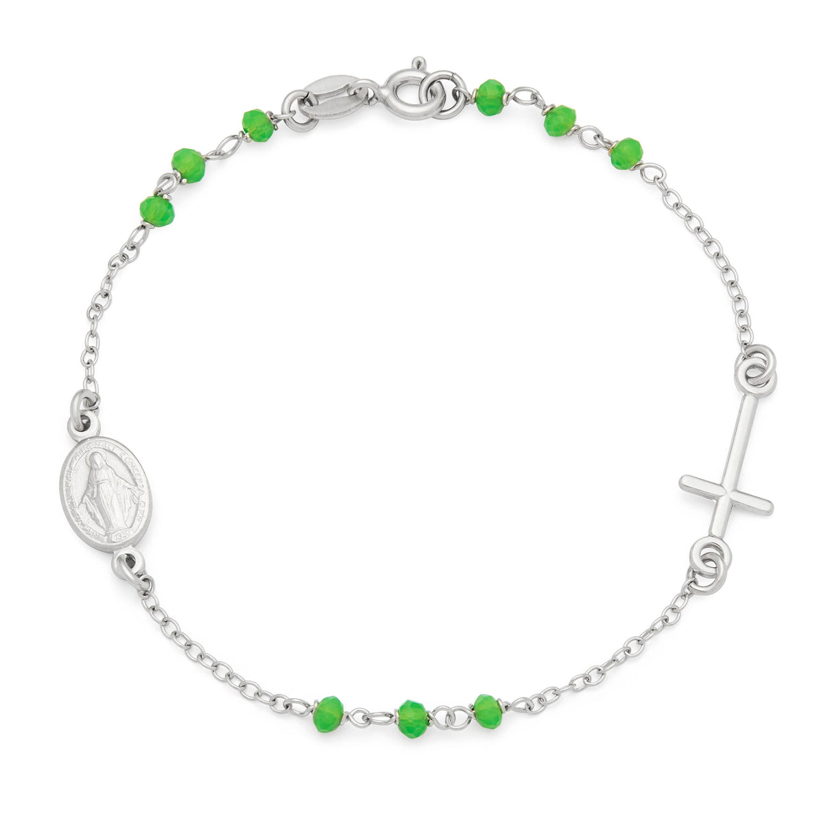 Sterling Silver Bracelet with Green Beads Featuring the Miraculous Medal and a Cross