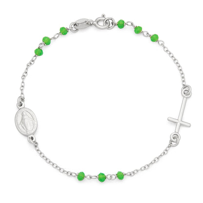 Sterling Silver Bracelet with Green Beads Featuring the Miraculous Medal and a Cross