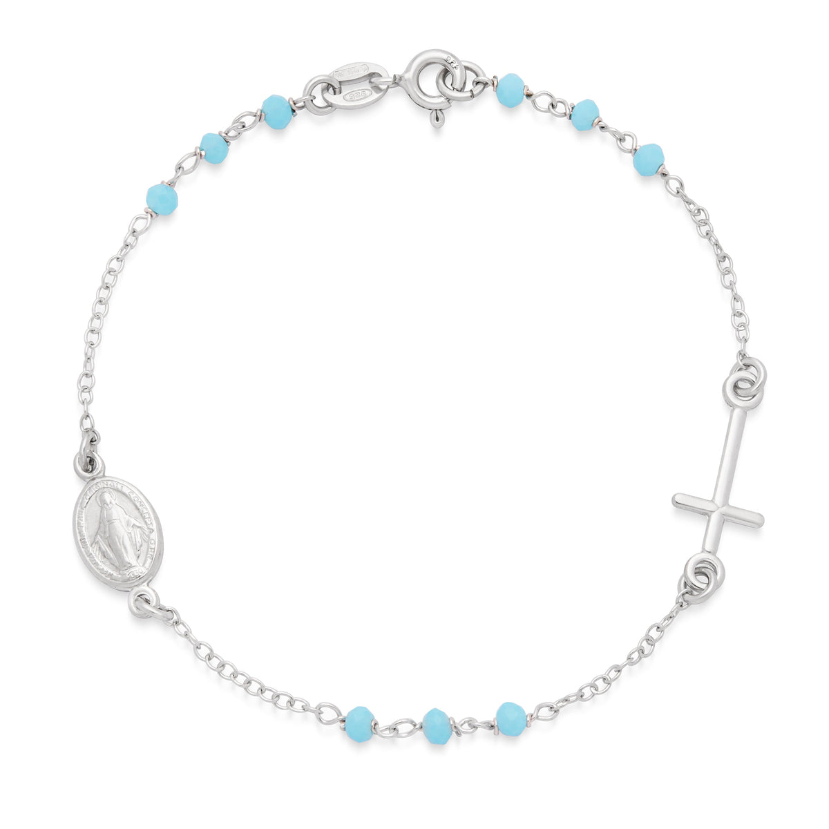 Sterling Silver Bracelet with Light Blue Beads Featuring the Miraculous Medal and a Cross