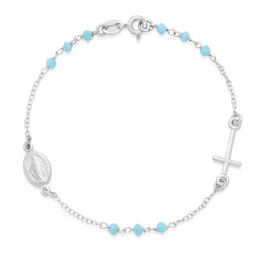 Sterling Silver Bracelet with Light Blue Beads Featuring the Miraculous Medal and a Cross