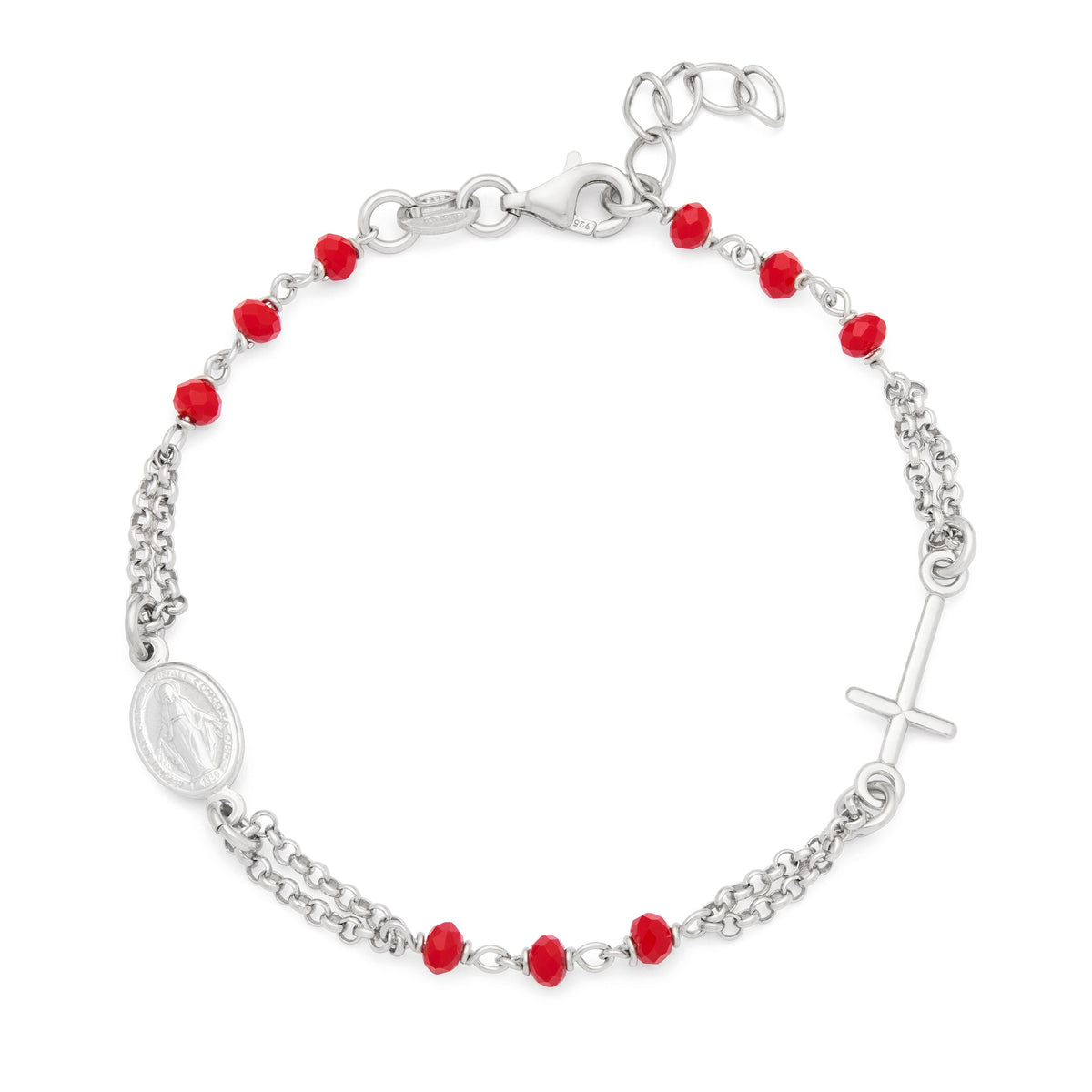 Sterling Silver Double Strand Bracelet with Red Beads Featuring the Miraculous Medal and a Cross