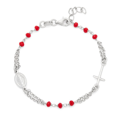 Sterling Silver Double Strand Bracelet with Red Beads Featuring the Miraculous Medal and a Cross