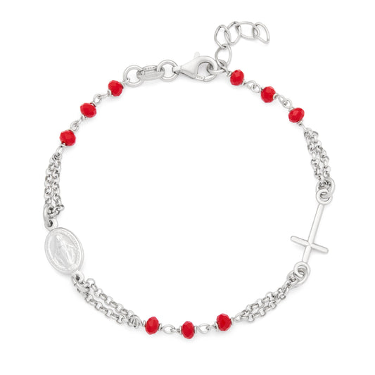 Sterling Silver Double Strand Bracelet with Red Beads Featuring the Miraculous Medal and a Cross