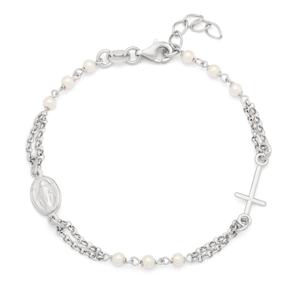 Sterling Silver Bracelet with White Beads Featuring the Miraculous Medal and a Cross