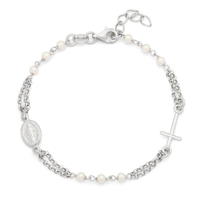 Sterling Silver Bracelet with White Beads Featuring the Miraculous Medal and a Cross