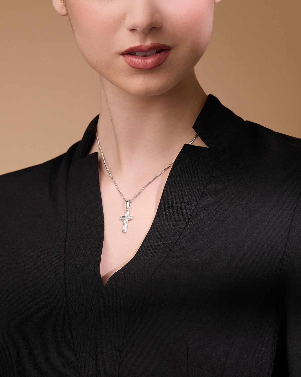 Sterling Silver Cross Pendant With Satin Interior and Rounded Corners